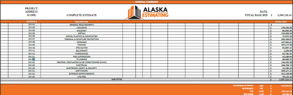 Alaska Estimating Services Sample